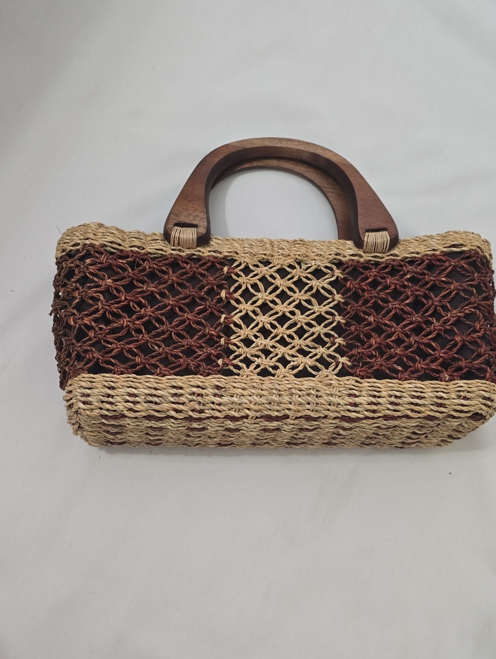 Handwoven Straw Shoulder Bag with Wooden Handles - Brown & Natural